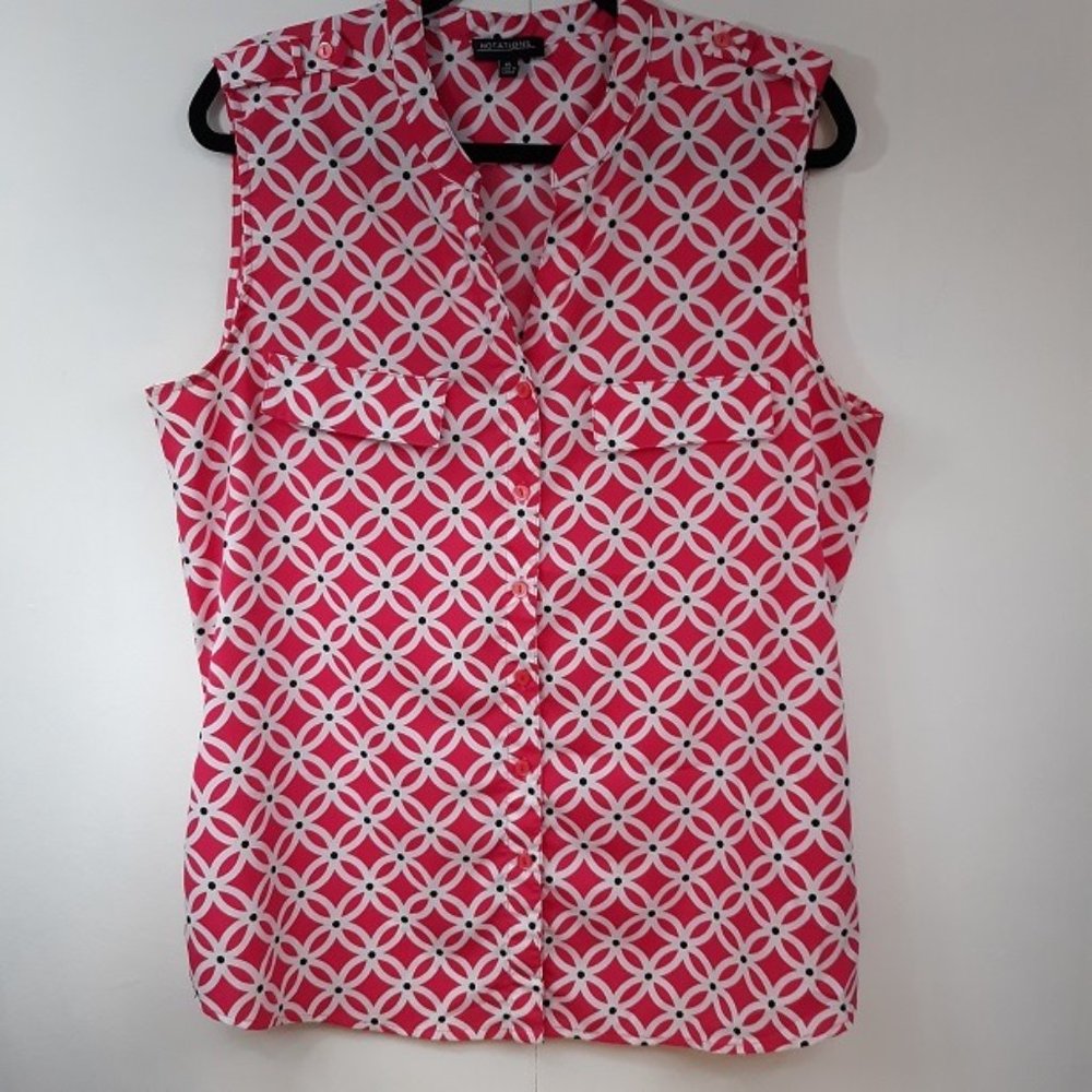 Notations Blouse Women's XL GUC Pink and White Sleeveless Top Roll Tabs Shirt